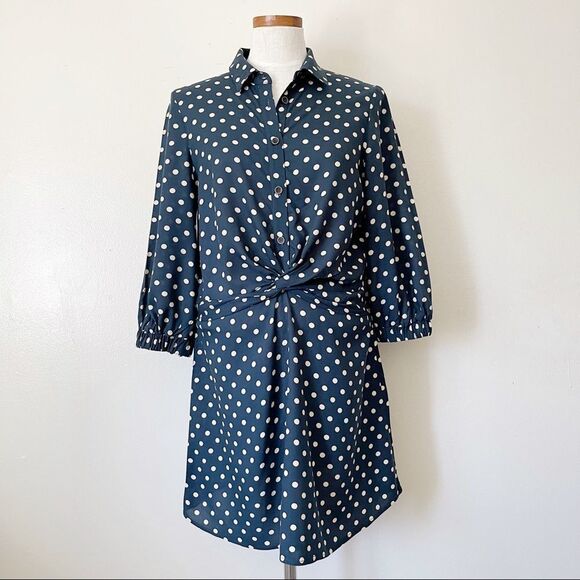 ZARA Navy Blue Polka Dot Shirt Dress Twist front Medium - Picture 2 of 6